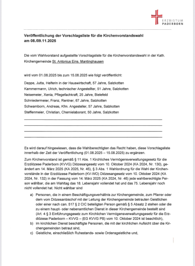 Veröffentlichung der vorläufigen Kandidatenliste Kirchenvorstandswahl 8./9.11.25